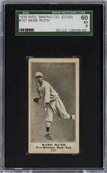 1916 D329 Weil Baking Co. #151 Babe Ruth Rookie Card – SGC 60 EX 5 – The Highest-Graded Example in the Hobby!